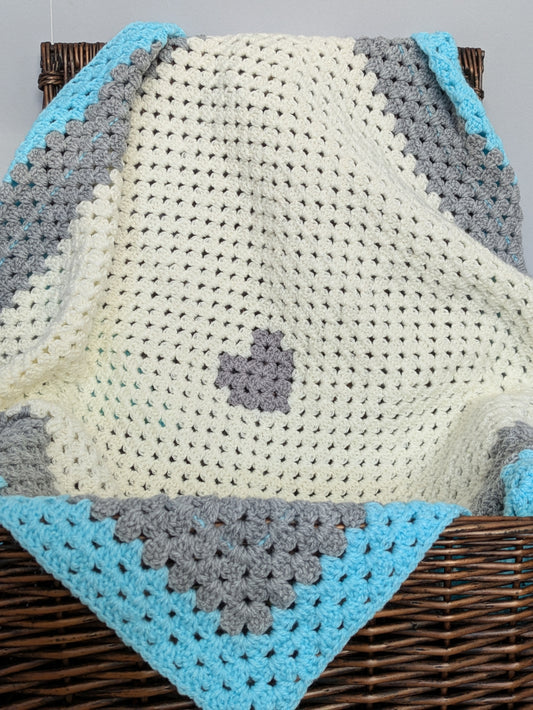 Heart Granny Square Blanket - Grey, Cream and Blue