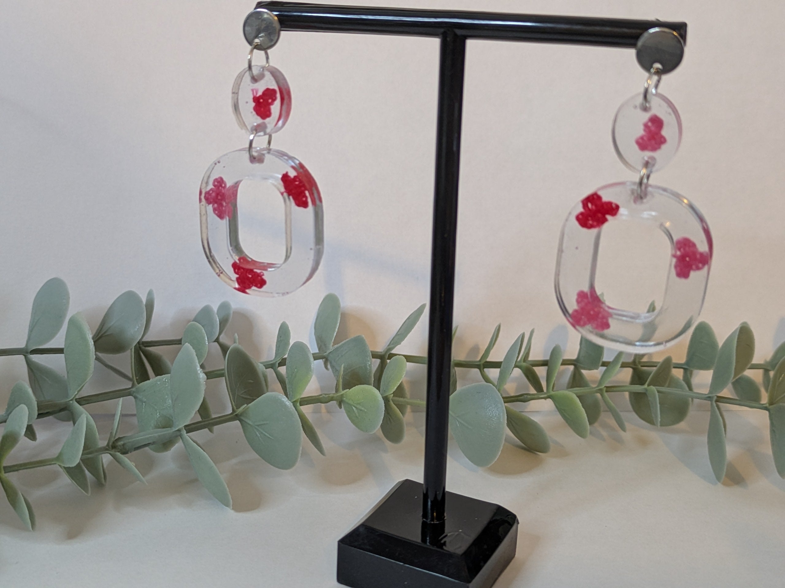 Oval Flower Earrings - Pink