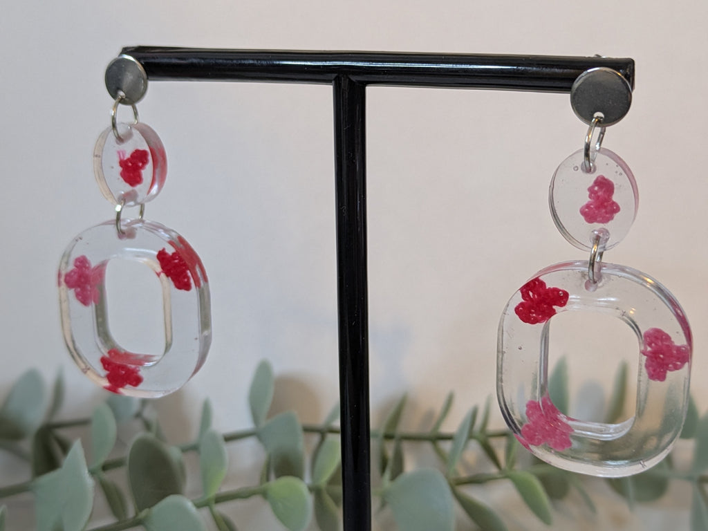 Oval Flower Earrings - Pink